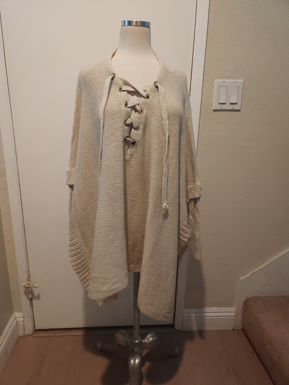 Alya Lace-Up Knit Poncho in Cream